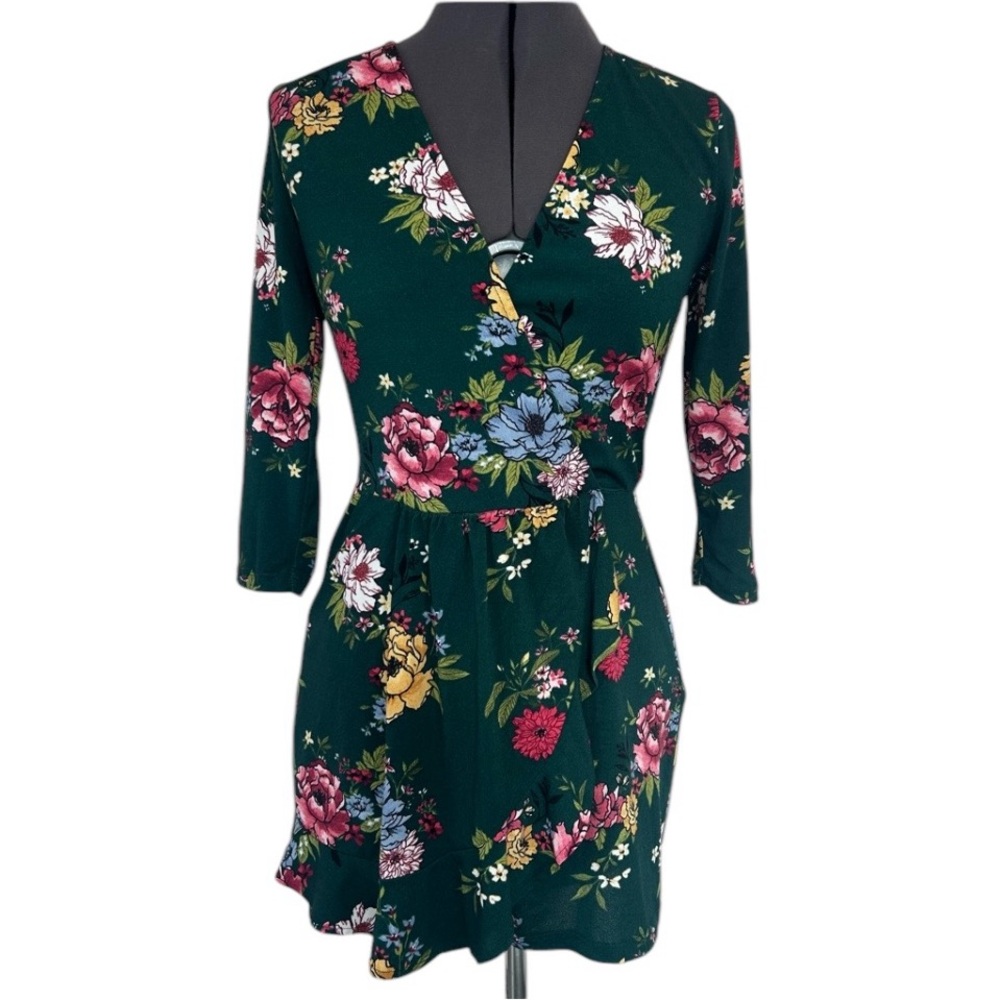 Romper 3/4 Length Sleeve V Neck Floral Green Wrap Style Summer